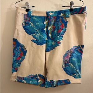Issey Miyake: Off White Shorts with Blue Floral Accents